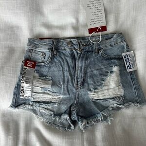 High-Rise Light Blue Distressed Denim Shorts